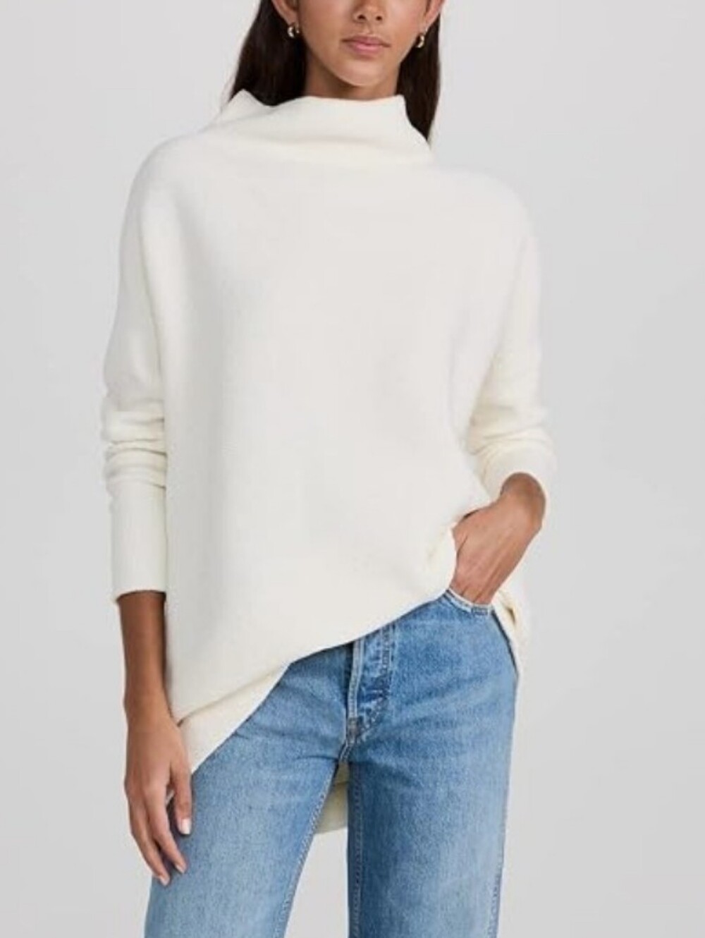 Free People Ottoman Ribbed Knit Tunic Sweater Mock Neck Cream Oversized XS